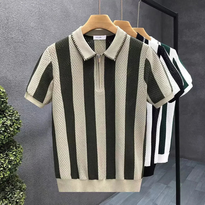 Men's striped half-zip polo shirt for smart-casual summer style. Short sleeve, breathable fabric.
