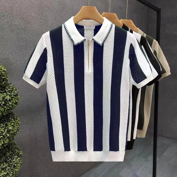 Comfortable men's striped half-zip polo shirt. Short sleeve casual top, great for modern summer fashion.