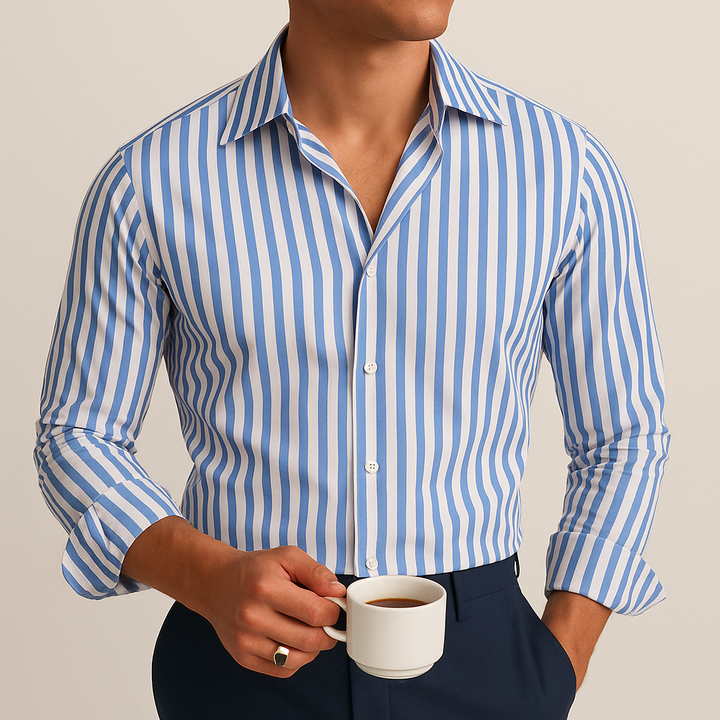 Men's striped polo shirt in a modern smart casual design. Versatile button-down for all-season wear.