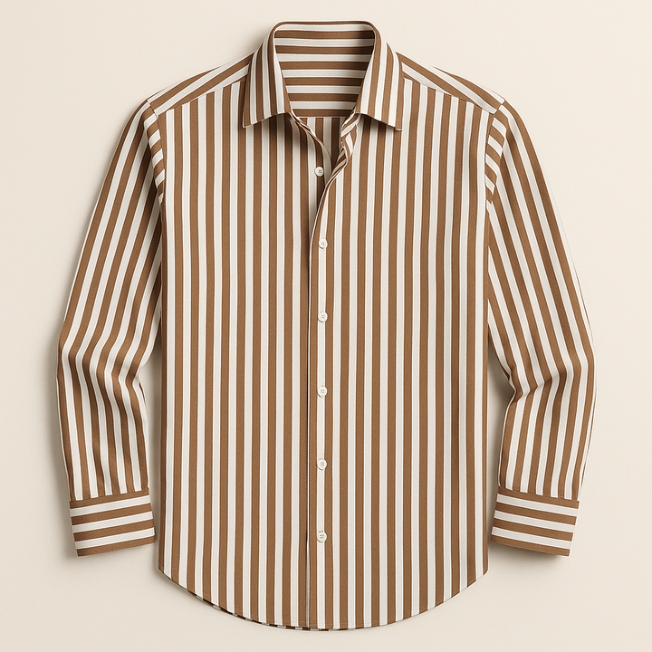 Full front view of a men's modern striped polo shirt, ideal for smart casual or business style outfits.