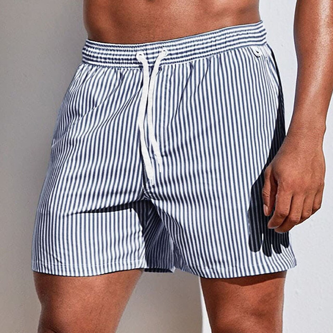 Men's quick-dry striped pool shorts for swimming, featuring an adjustable drawstring waist.
