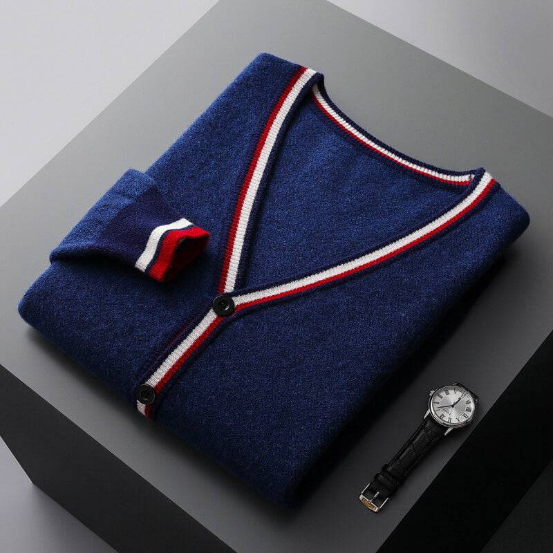 Men's striped V-neck cardigan in cozy knit. Perfect layering piece for casual & smart casual outfits.