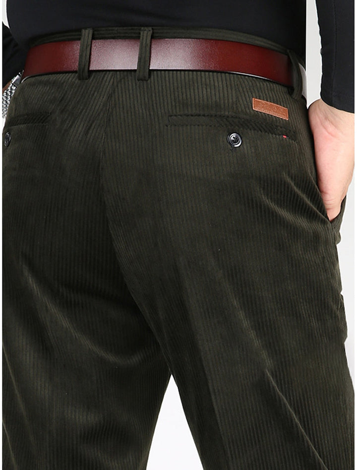 Modern men's structured pants with a unique ribbed pattern, designed for comfort and versatile everyday fashion.