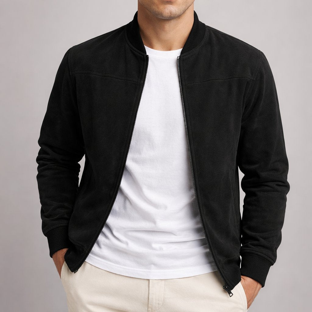 Structured and tailored men's bomber jacket. Offers a sophisticated, sharp style for layering.