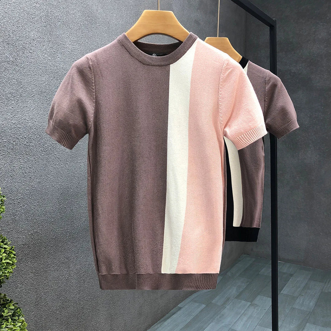 Men's stylish color block crewneck sweater, comfortable long sleeve pullover for a modern casual look.