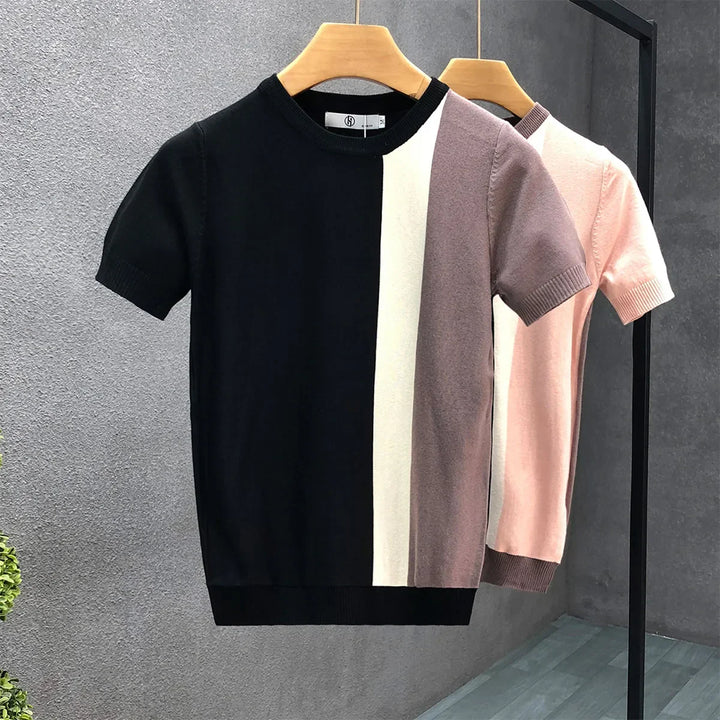Comfortable men's color block crewneck sweater, a modern long sleeve pullover, perfect for casual wear.