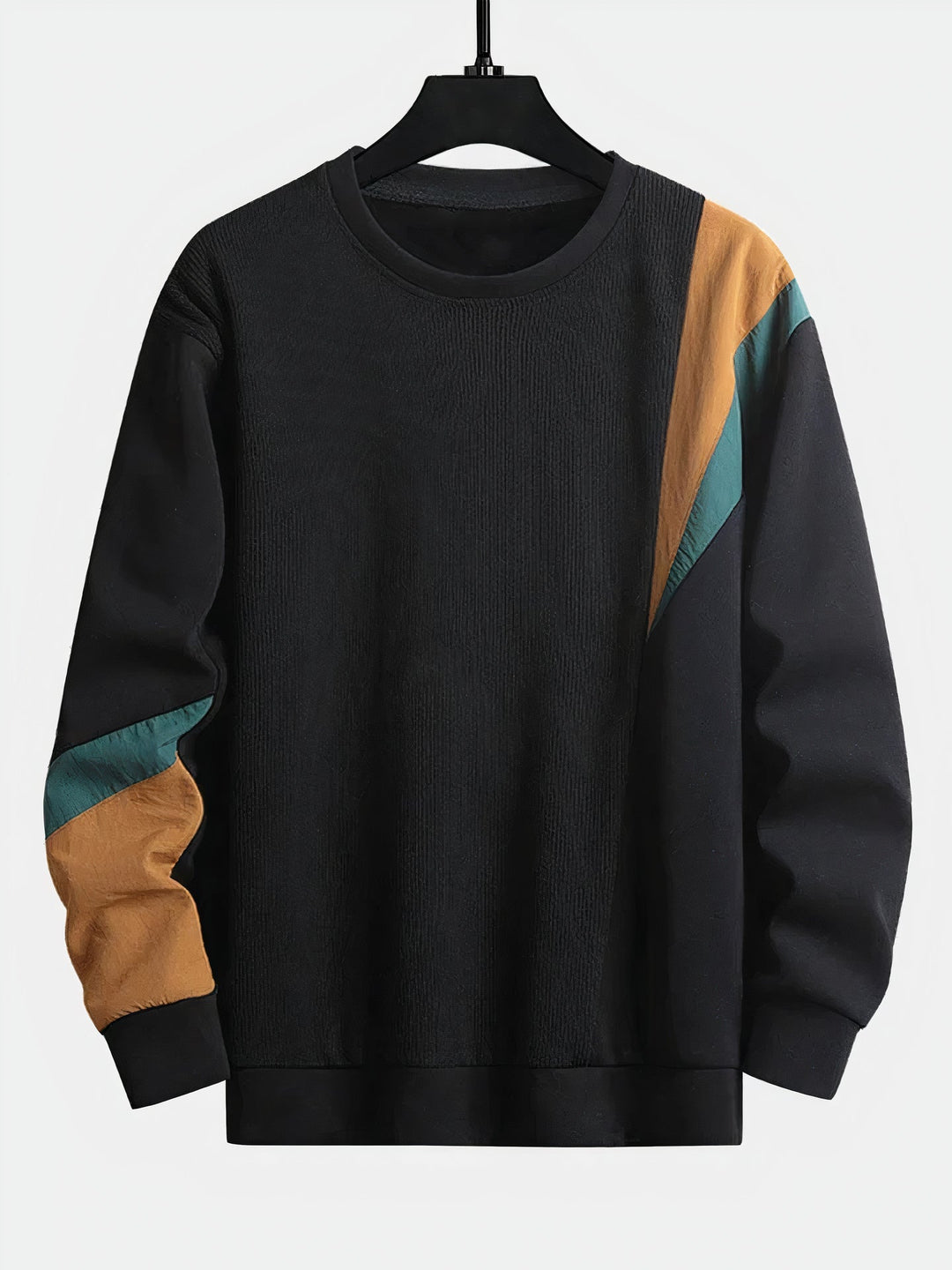 Men's stylish color-block knit sweater, comfortable long-sleeve pullover for modern casual autumn fashion.
