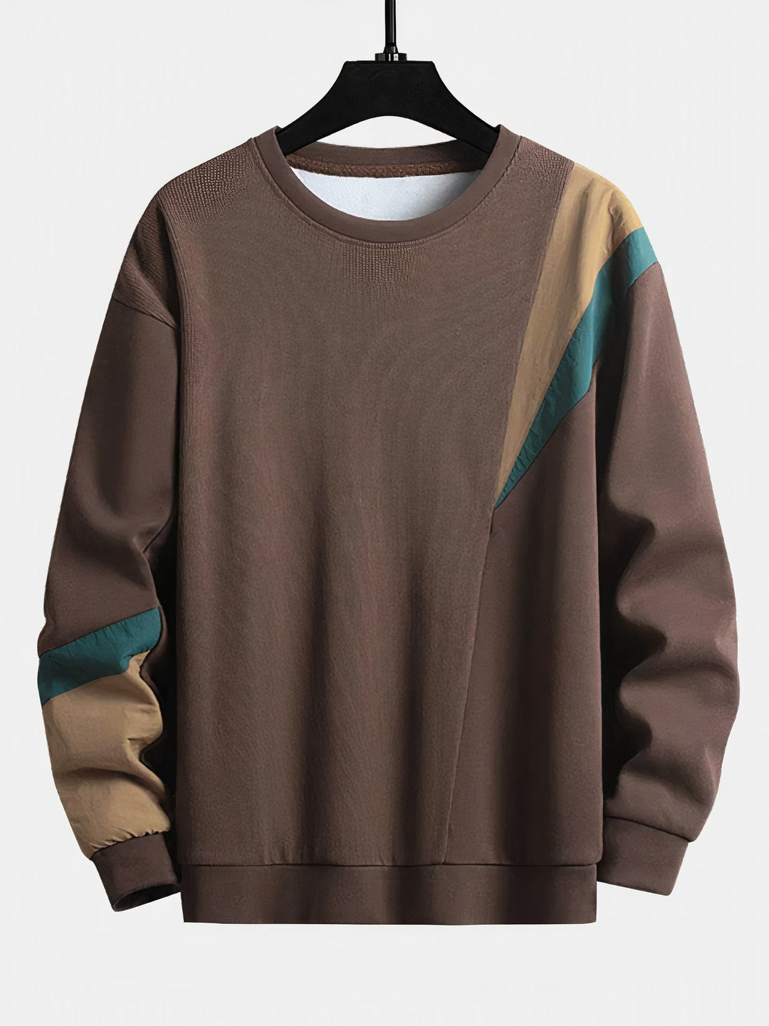 Men's unique color-block sweater, a stylish and comfortable long-sleeve knit pullover for versatile fall wear.