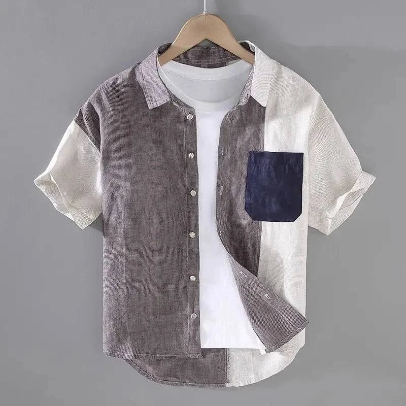 Men's stylish colorblock short sleeve shirt for a relaxed summer look.