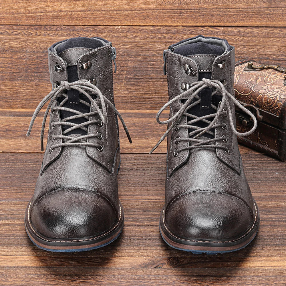 Mens stylish lace-up cap toe ankle boots. Durable mens footwear for casual and dress fashion.