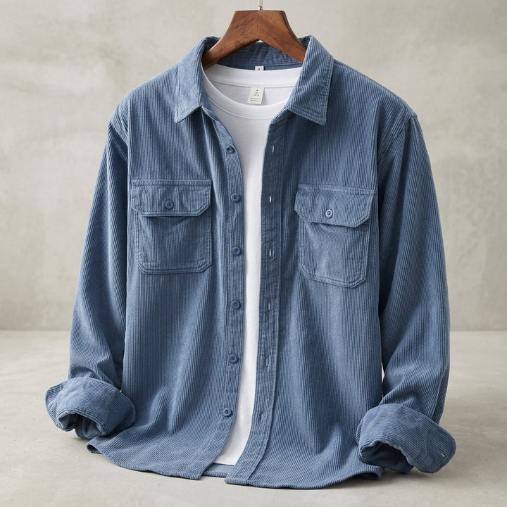 Versatile blue men's overshirt. A casual button-up layering top with a modern fit for all-season style.