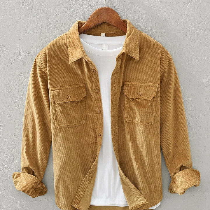 Gold men's button-up overshirt, a stylish outer layer with a modern fit, perfect for smart casual looks.
