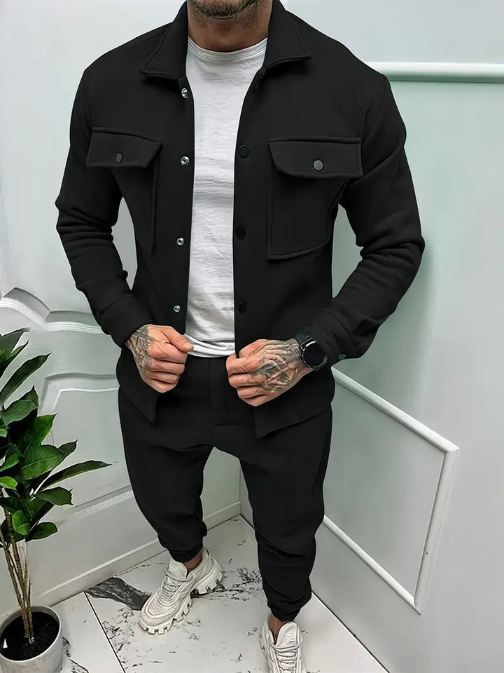 Men's stylish jacket & trousers set. Perfect casual outfit for autumn comfort & modern loungewear style.