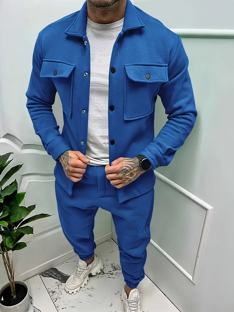 Trendy men's two-piece jacket and trousers set, ideal for fall fashion & smart casual menswear style.