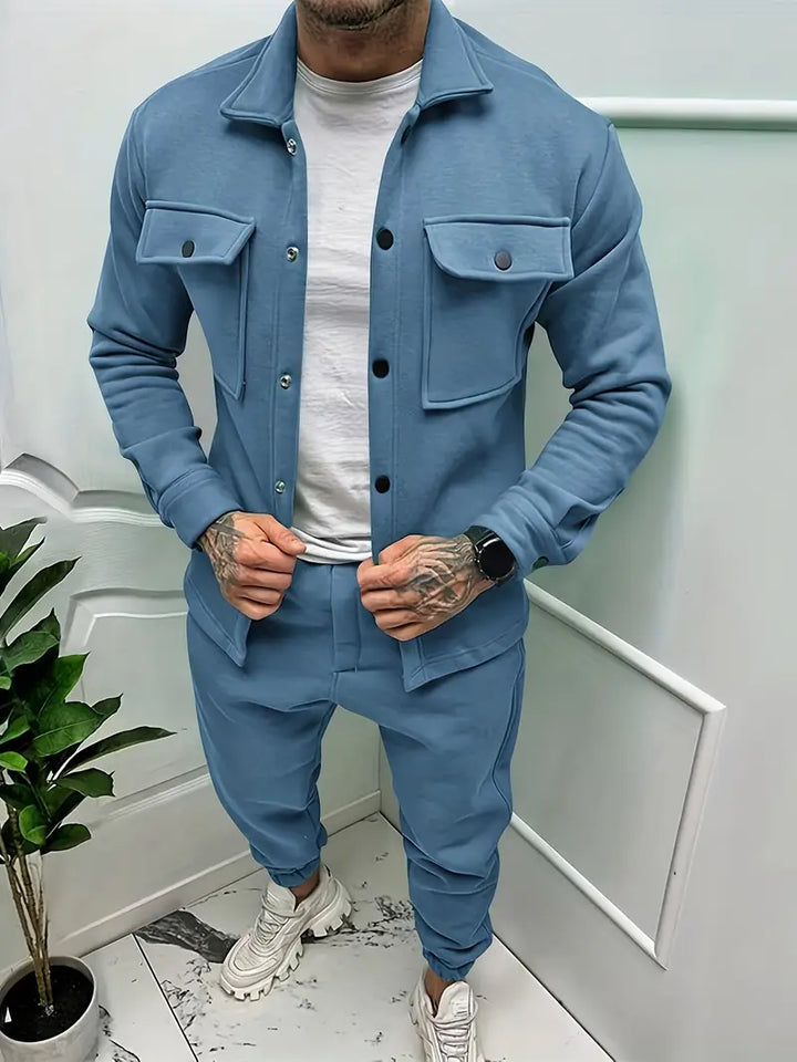 Modern men's loungewear set: a stylish jacket & matching trousers for ultimate casual comfort and fall fashion.