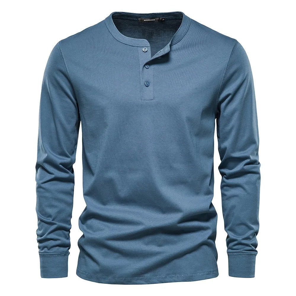 Comfortable men's long sleeve henley shirt in a light color, perfect for casual men's fashion apparel