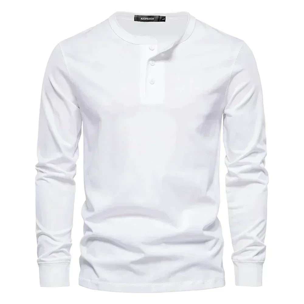 Dark-colored men's long sleeve henley, a versatile and comfortable casual shirt for men's apparel