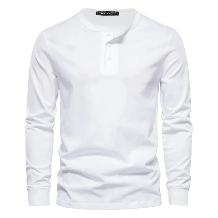 Dark-colored men's long sleeve henley, a versatile and comfortable casual shirt for men's apparel