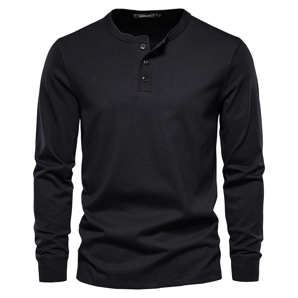 Two men's long sleeve henley shirts in different colors, showing variety in this stylish casual apparel