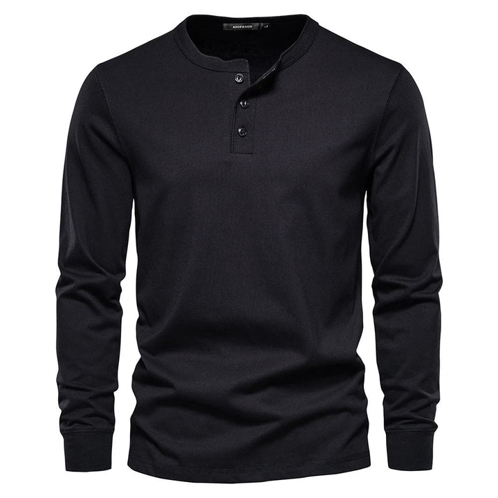 Two men's long sleeve henley shirts in different colors, showing variety in this stylish casual apparel