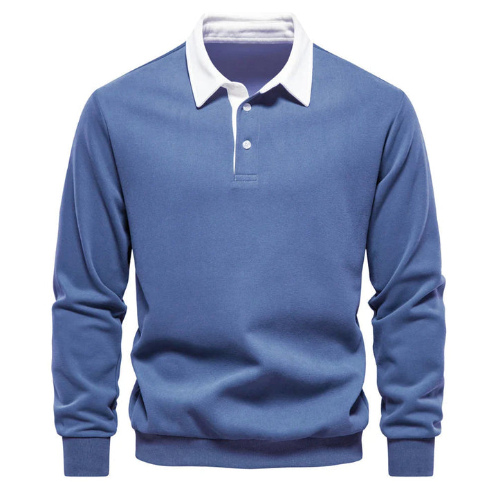 Men's long sleeve rugby shirt with button placket, durable cotton, stylish and comfortable pullover.