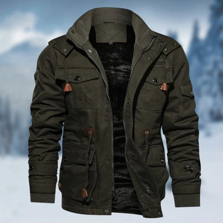 Close-up of a men's casual zipper bomber jacket, showcasing the high-quality fabric and modern design.