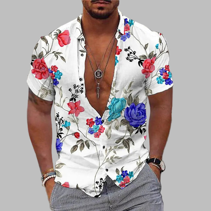 Trendy men's short sleeve printed button-up shirt for comfortable summer casual wear & holidays.