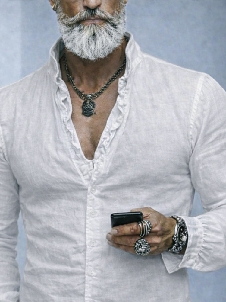 Versatile men's casual long sleeve button-up shirt featuring a unique ruffled neck and a modern slim fit.