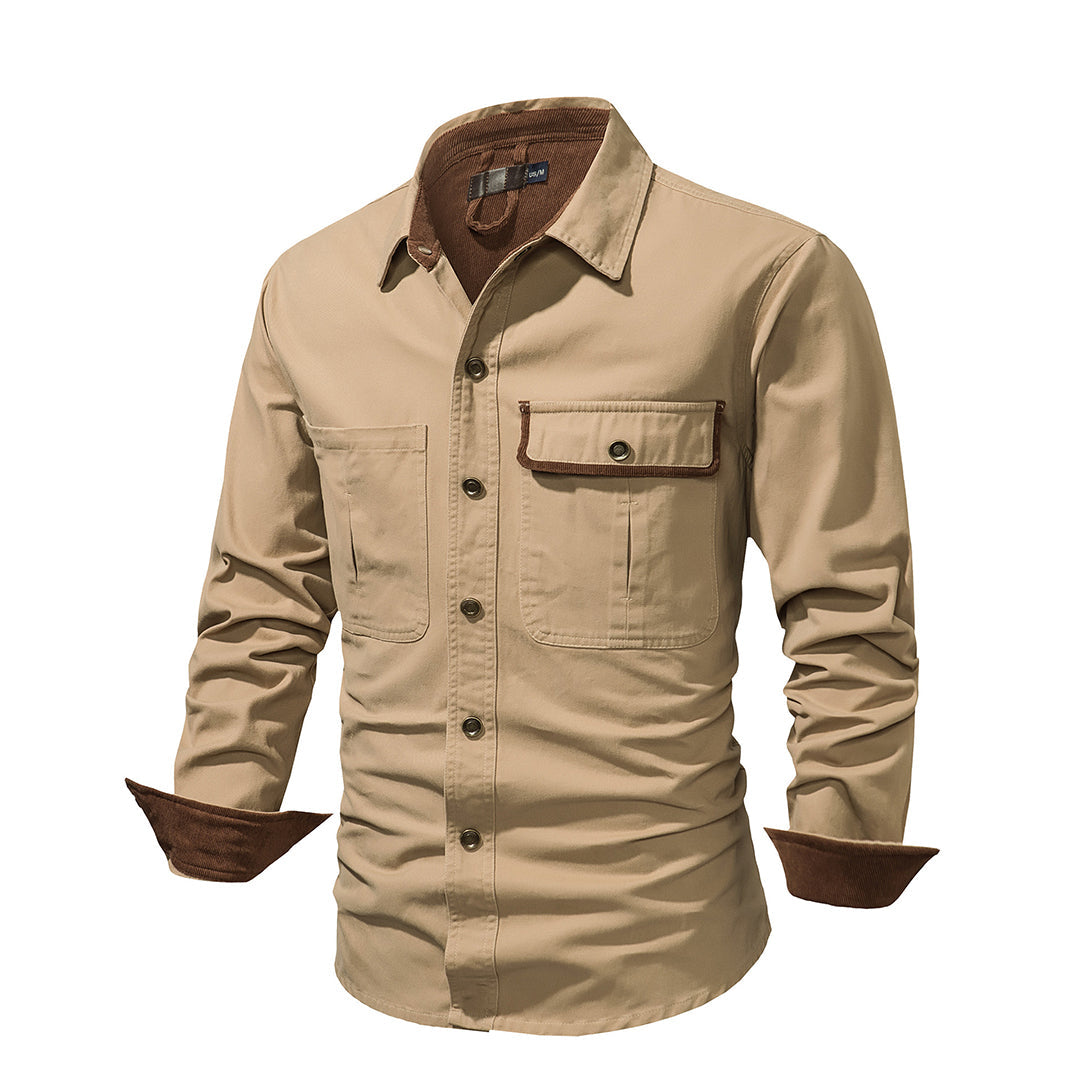 Close-up of men's button-down shirt showing crisp contrasting details on collar, cuffs, and placket.