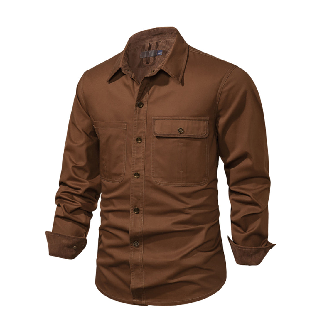 Men's fashion button-down shirt, regular fit, stylish with contrasting elements for a modern apparel look.