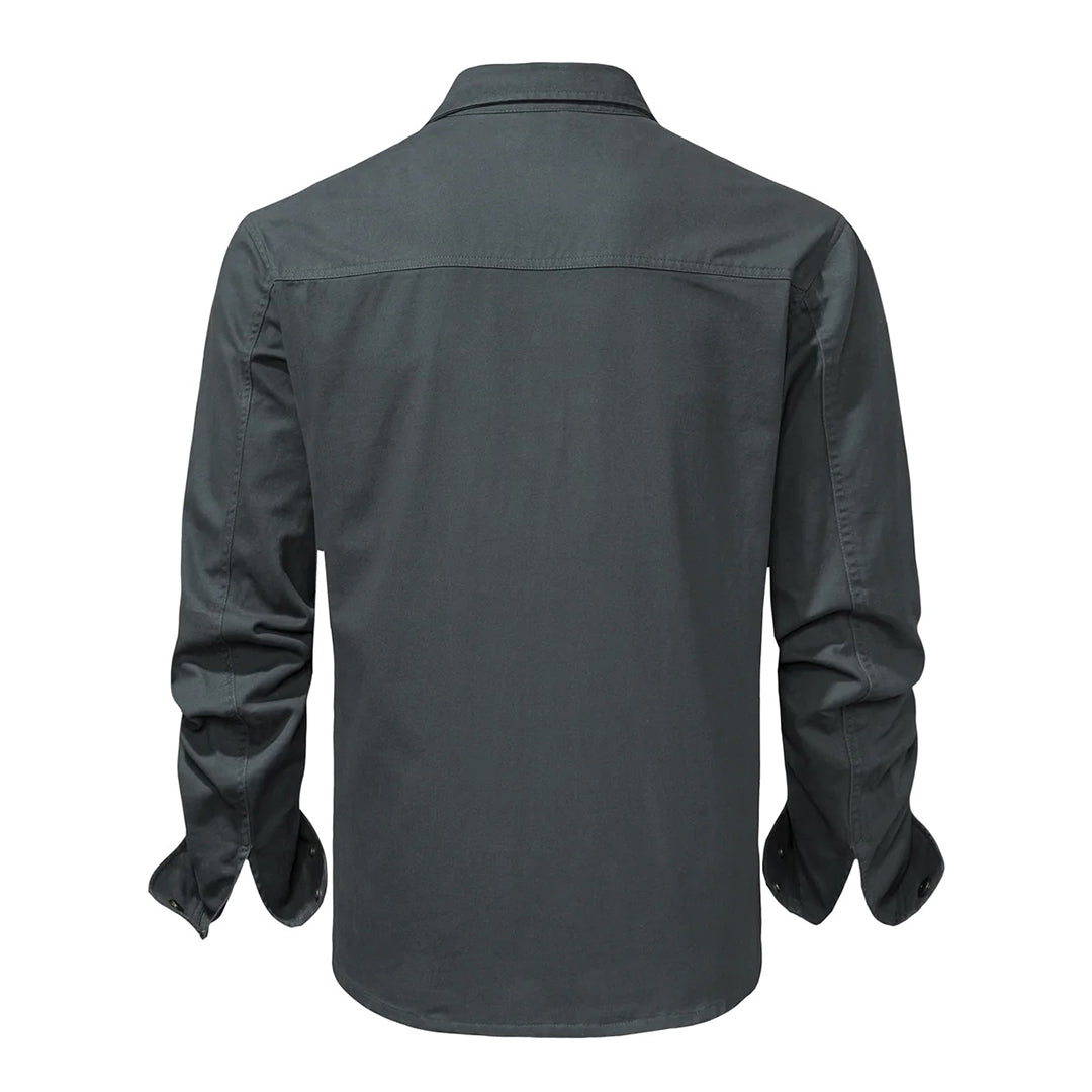 Modern men's fashion shirt, button-down style, showcasing sharp contrasting collar and cuffs.