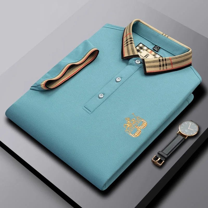 Neatly folded men's stylish short-sleeve polo shirt, ready for everyday comfort and casual men's fashion.