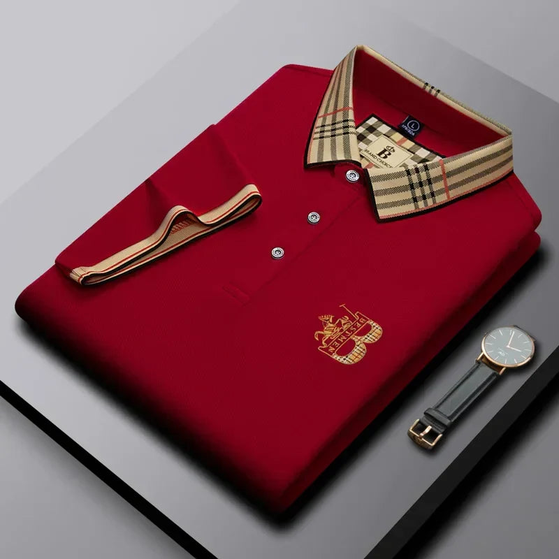 Men's short-sleeve collared polo shirt displayed on a hanger, highlighting its classic fit and stylish design.