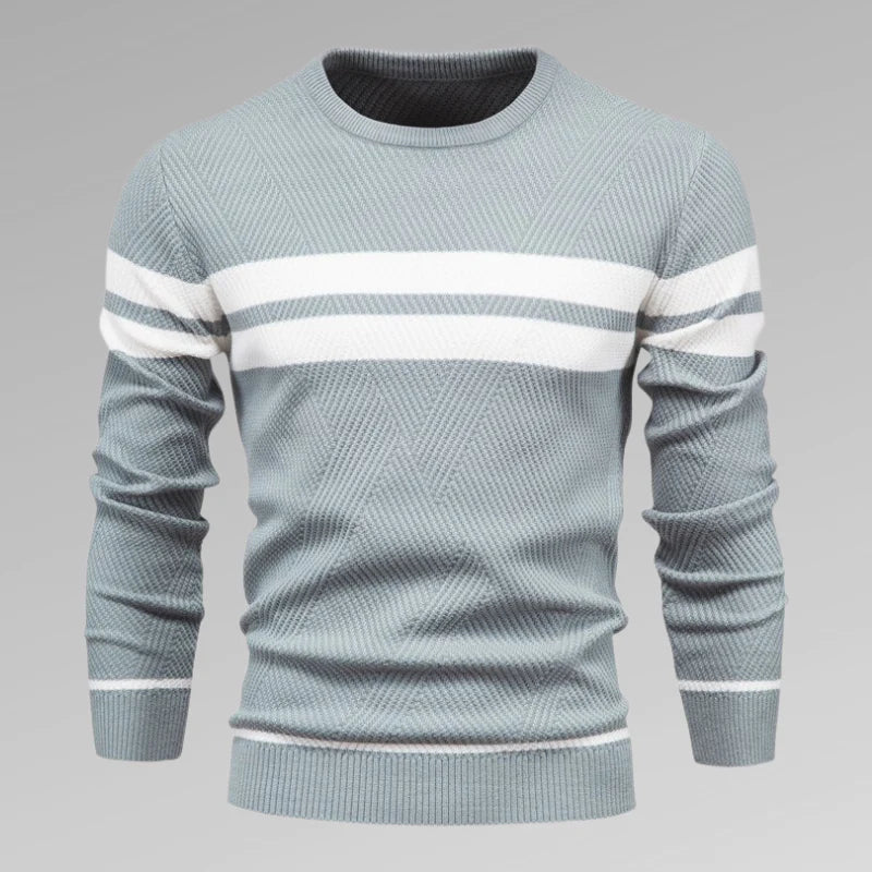 Men's stylish striped crewneck pullover sweater in a cozy knit, perfect for casual fall & winter fashion.