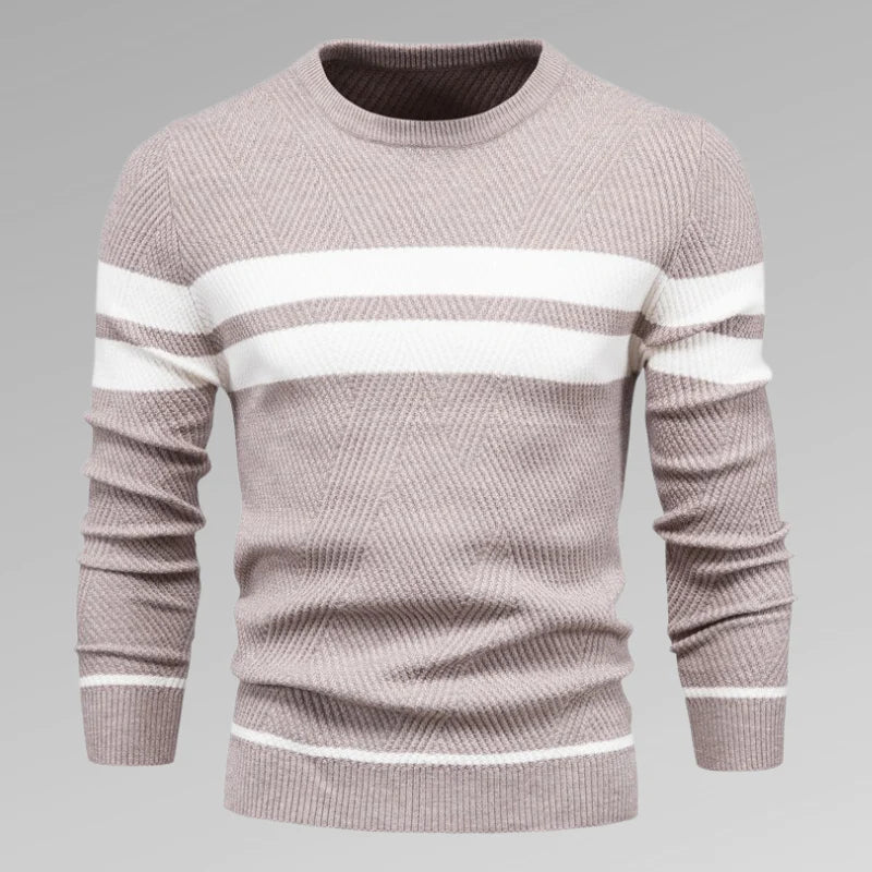 Comfortable men's long sleeve striped crewneck pullover sweater, ideal for everyday casual wear.