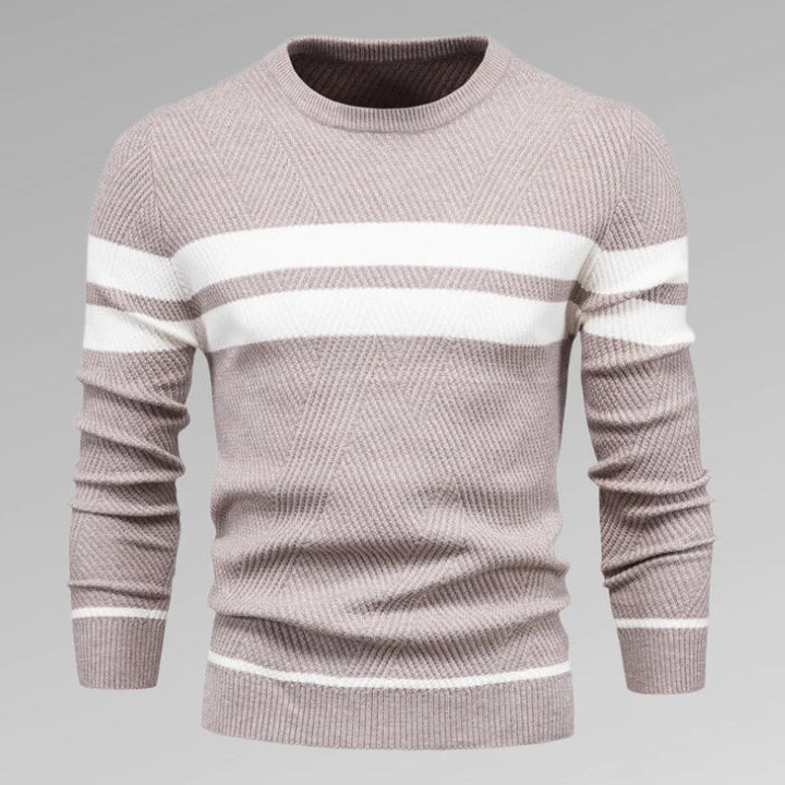 Comfortable men's long sleeve striped crewneck pullover sweater, ideal for everyday casual wear.