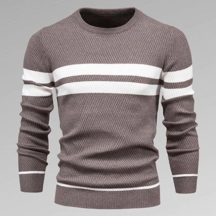 Cozy men's striped crewneck pullover sweater, a fashionable long sleeve top for winter and fall.