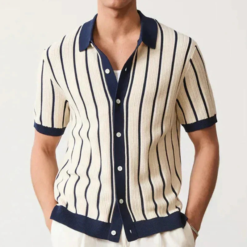 Men's stylish striped knit shirt with button placket. Comfortable long sleeve casual top for summer fashion.