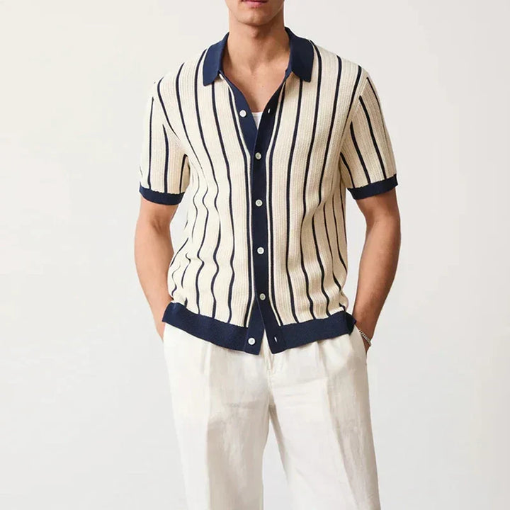 Emilio men's striped knit top, relaxed fit. Long sleeve polo shirt style with button placket, ideal for casual wear.