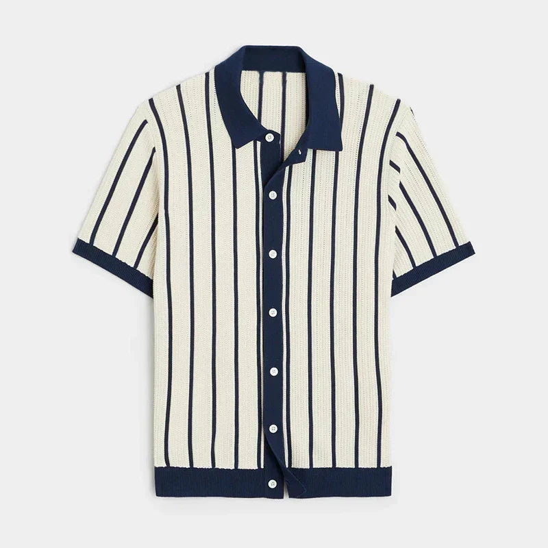 Comfortable men's striped knit shirt. Breathable long sleeve top with button placket, perfect for summer vacation style.
