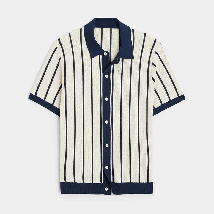 Comfortable men's striped knit shirt. Breathable long sleeve top with button placket, perfect for summer vacation style.