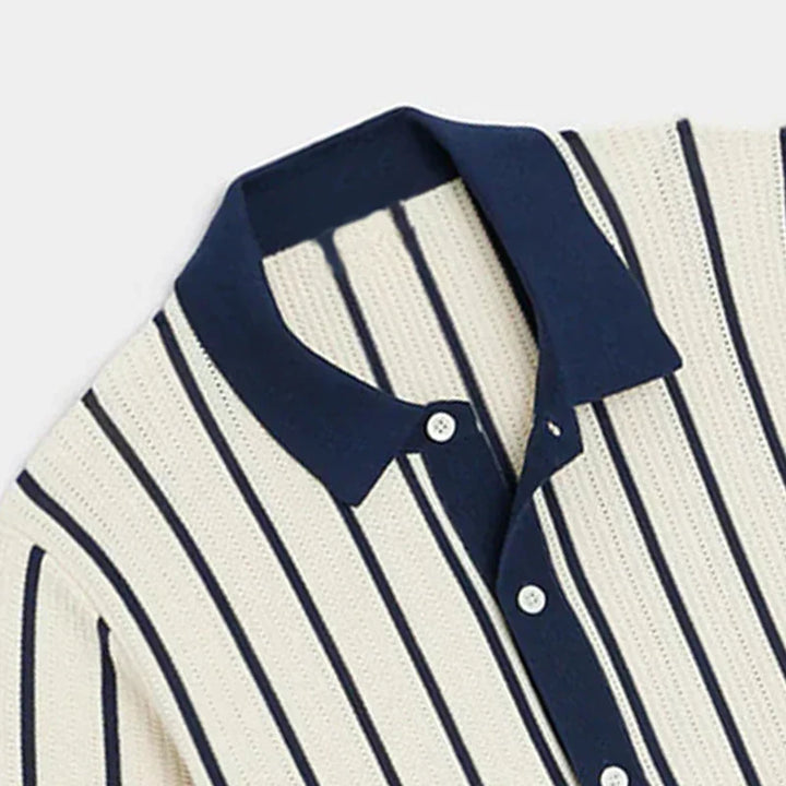 Stylish men's casual striped knit shirt. Features a button placket & long sleeves. Relaxed fit for everyday comfort.