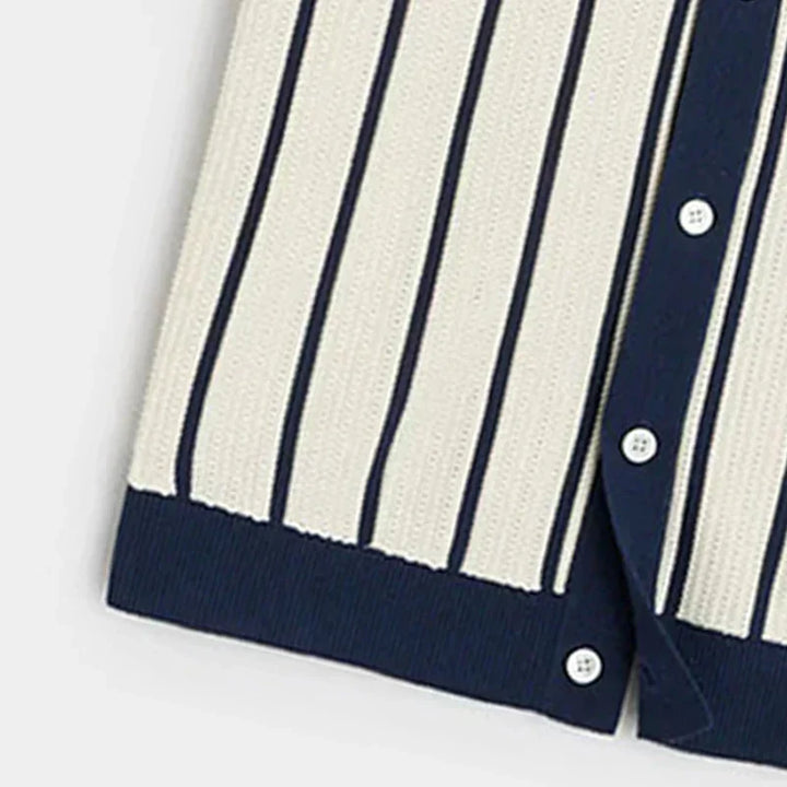 Men's long sleeve striped knit top, Emilio. Versatile polo shirt style with button placket for casual summer comfort.