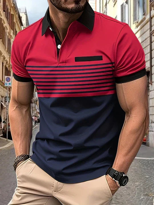 Men's stylish striped summer polo shirt, short sleeve, comfortable for casual wear and vacation outfits.