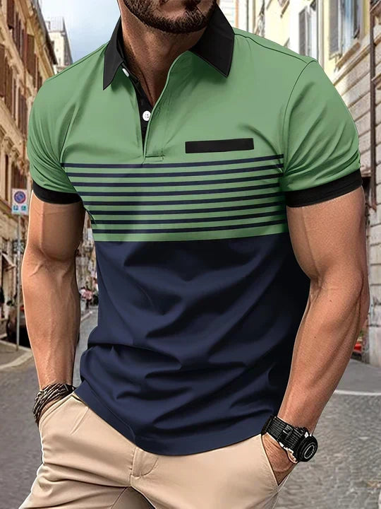 Versatile men's striped polo shirt, perfect for summer fashion, leisure, or a stylish casual look.