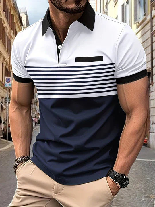 Comfortable short-sleeve striped men's polo, ideal for summer leisure, beach, or a relaxed vacation outfit.