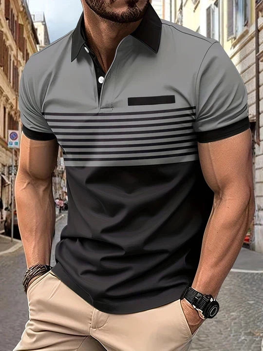 Classic striped men's polo shirt, short sleeve, a comfortable and stylish addition to men's summer clothing.