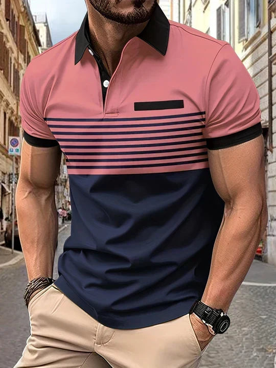 Fashionable men's striped summer polo, short sleeve, perfect for casual outings and versatile everyday wear.