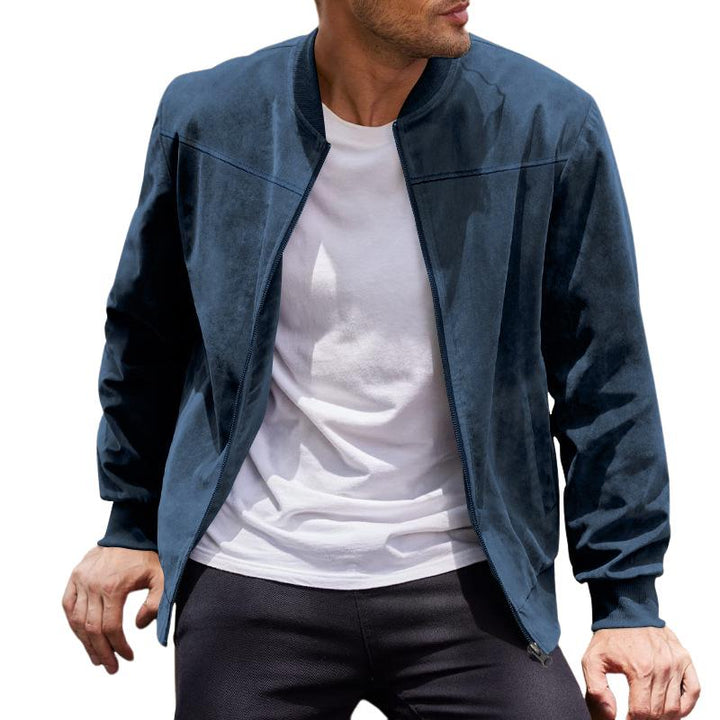 Comfortable, lightweight men's suede-look jacket with stand collar for spring/fall.