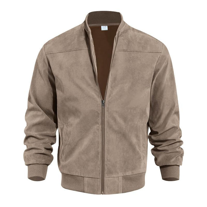 Stylish men's transitional jacket featuring a stand collar & premium suede-look fabric.